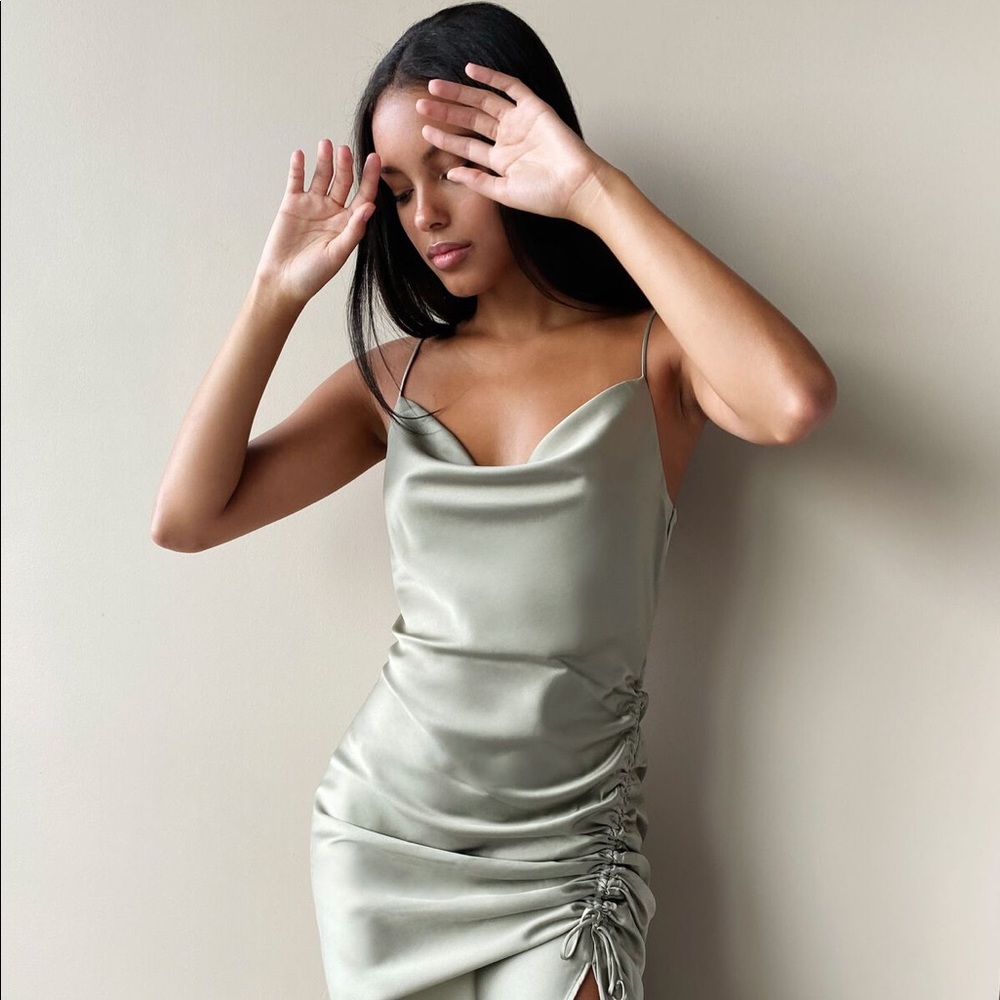 Dynamite Ashley Ruched Satin Slip Dress